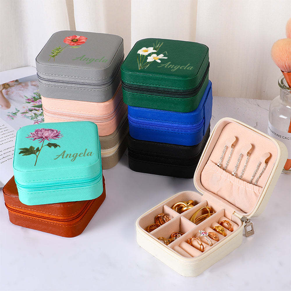 Personalized Name PU Leather Jewelry Box Birthflower Jewelry Organizer Gifts for Her - soufeelus