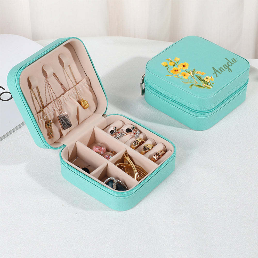 Personalized Name PU Leather Jewelry Box Birthflower Jewelry Organizer Gifts for Her - soufeelus