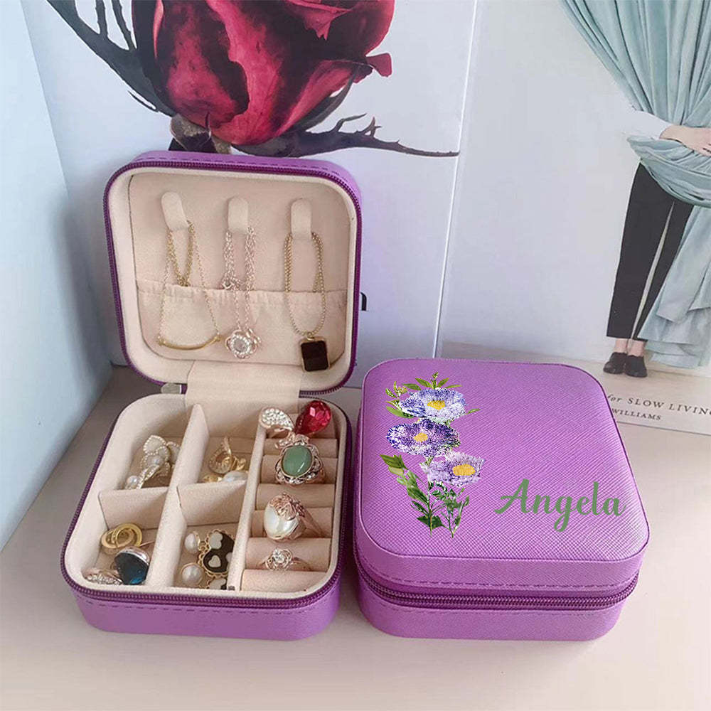 Personalized Name PU Leather Jewelry Box Birthflower Jewelry Organizer Gifts for Her - soufeelus