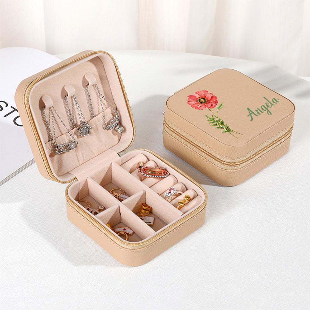 Personalized Name PU Leather Jewelry Box Birthflower Jewelry Organizer Gifts for Her - soufeelus