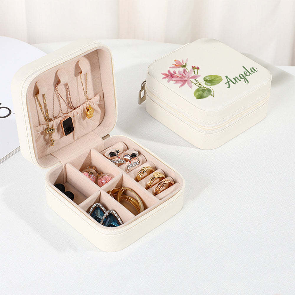 Personalized Name PU Leather Jewelry Box Birthflower Jewelry Organizer Gifts for Her - soufeelus