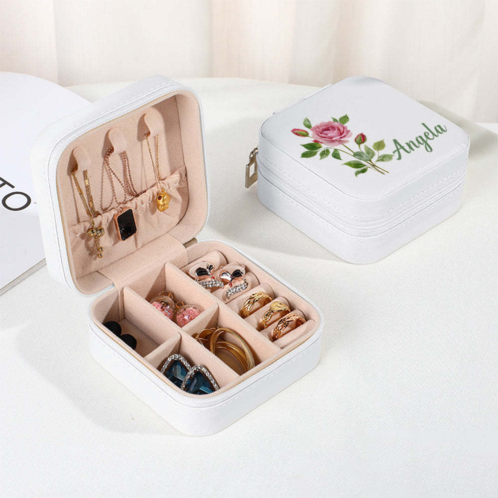 Personalized Name PU Leather Jewelry Box Birthflower Jewelry Organizer Gifts for Her - soufeelus
