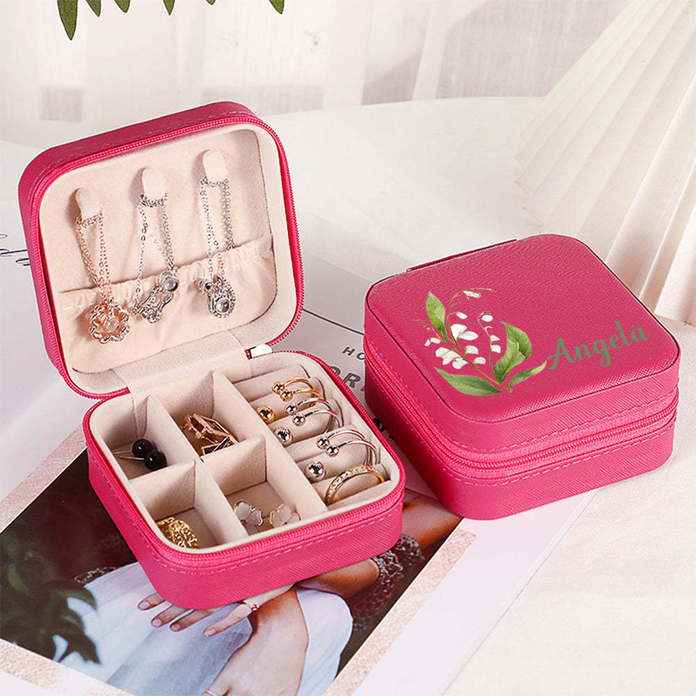 Personalized Name PU Leather Jewelry Box Birthflower Jewelry Organizer Gifts for Her - soufeelus