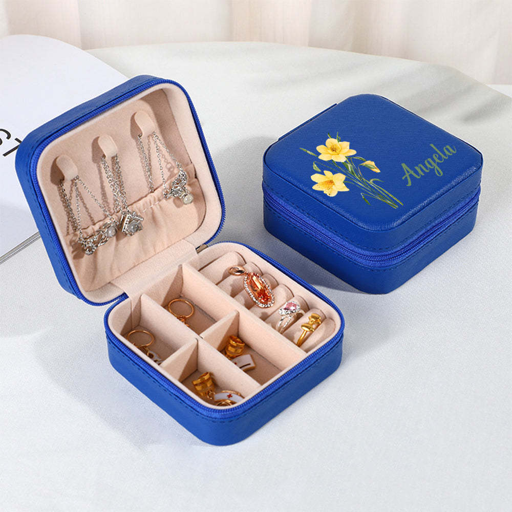 Personalized Name PU Leather Jewelry Box Birthflower Jewelry Organizer Gifts for Her - soufeelus