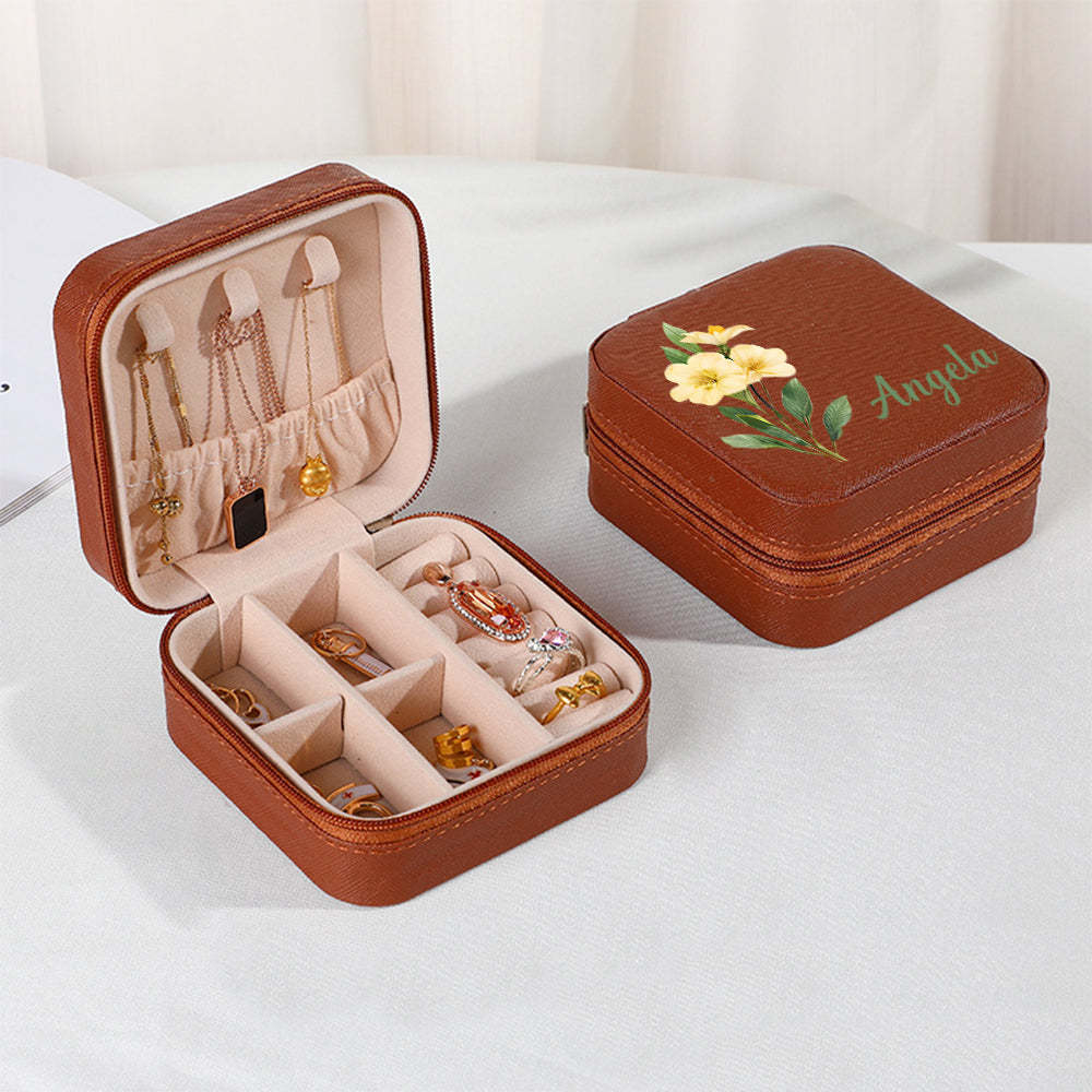 Personalized Name PU Leather Jewelry Box Birthflower Jewelry Organizer Gifts for Her - soufeelus