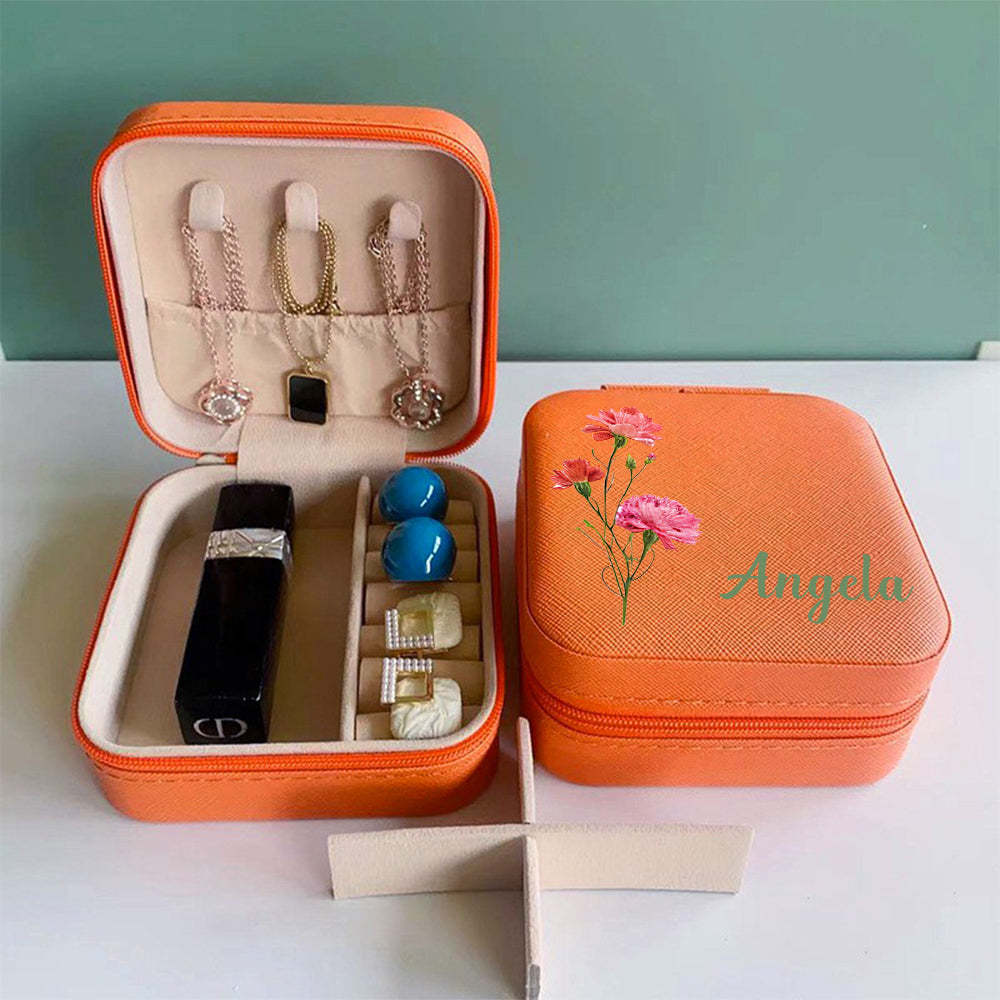 Personalized Name PU Leather Jewelry Box Birthflower Jewelry Organizer Gifts for Her - soufeelus