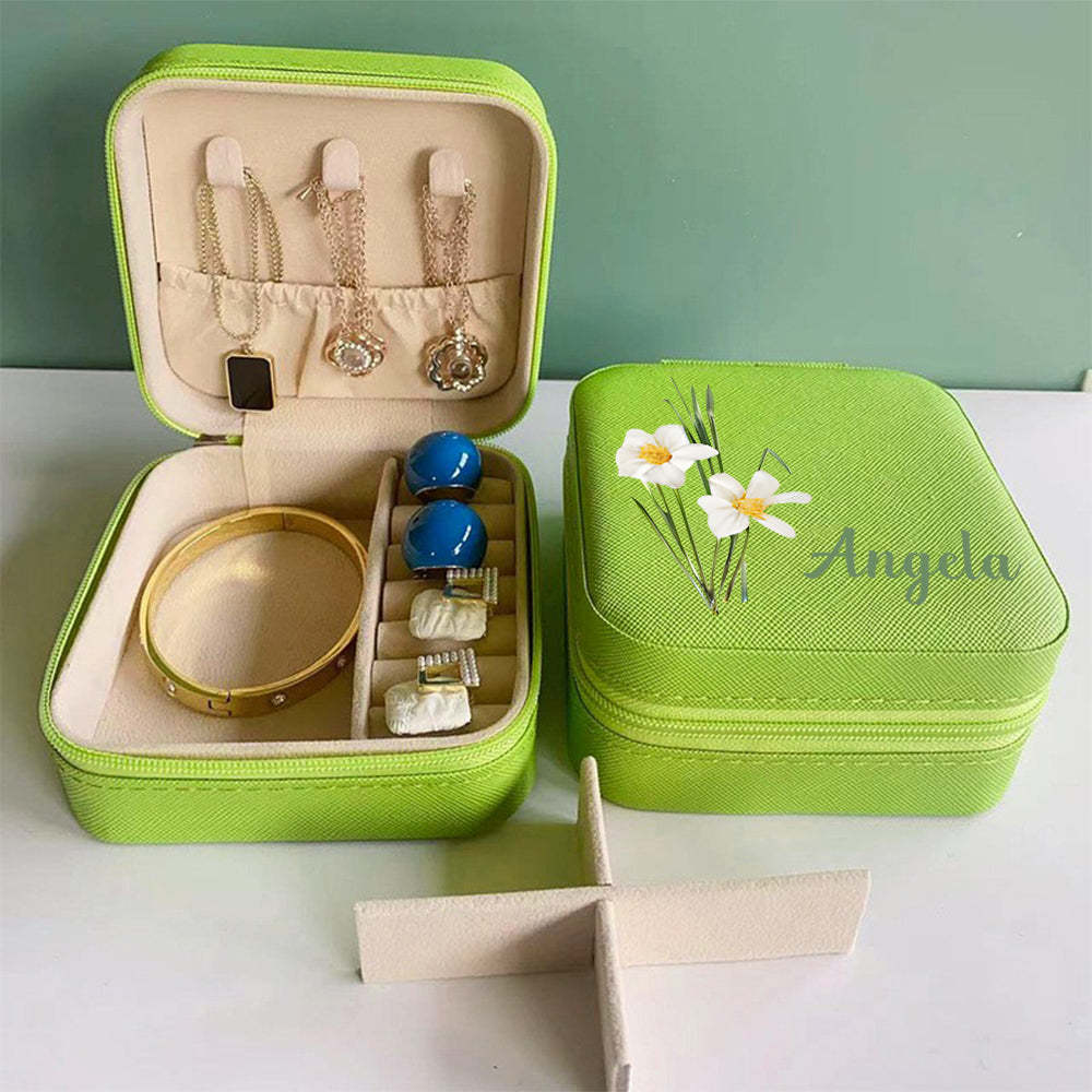 Personalized Name PU Leather Jewelry Box Birthflower Jewelry Organizer Gifts for Her - soufeelus