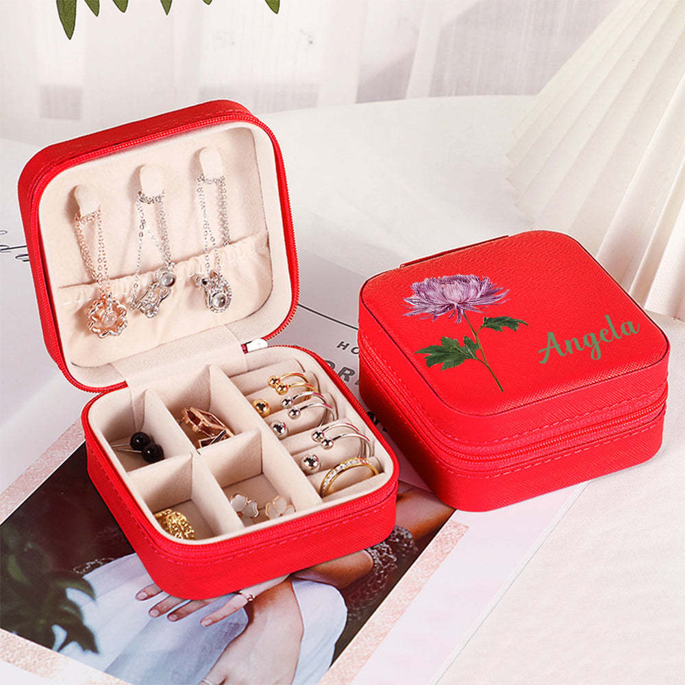 Personalized Name PU Leather Jewelry Box Birthflower Jewelry Organizer Gifts for Her - soufeelus