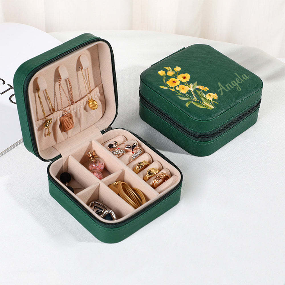 Personalized Name PU Leather Jewelry Box Birthflower Jewelry Organizer Gifts for Her - soufeelus