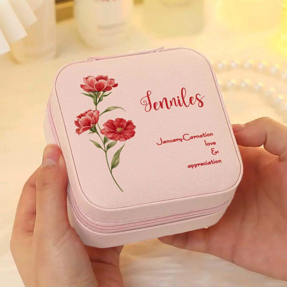 Personalized Birth Flower Leather Jewelry Box Bridesmaid Gift for Her - soufeelus