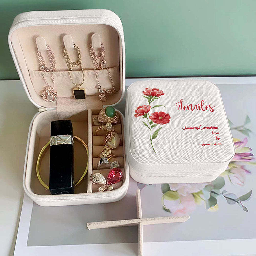 Personalized Birth Flower Leather Jewelry Box Bridesmaid Gift for Her - soufeelus