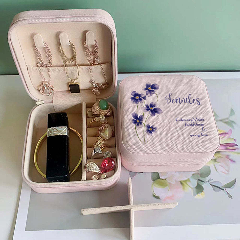 Personalized Birth Flower Leather Jewelry Box Bridesmaid Gift for Her - soufeelus