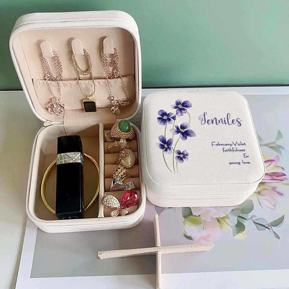 Personalized Birth Flower Leather Jewelry Box Bridesmaid Gift for Her - soufeelus