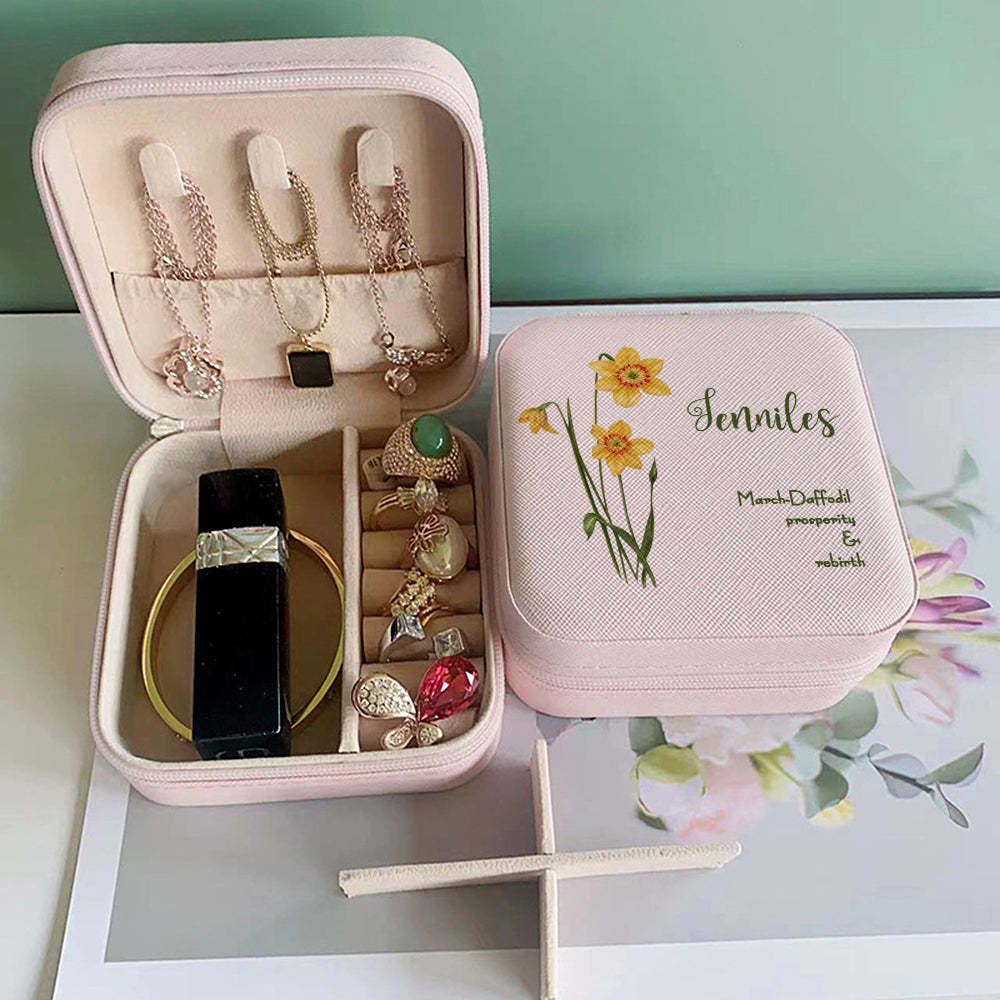 Personalized Birth Flower Leather Jewelry Box Bridesmaid Gift for Her - soufeelus