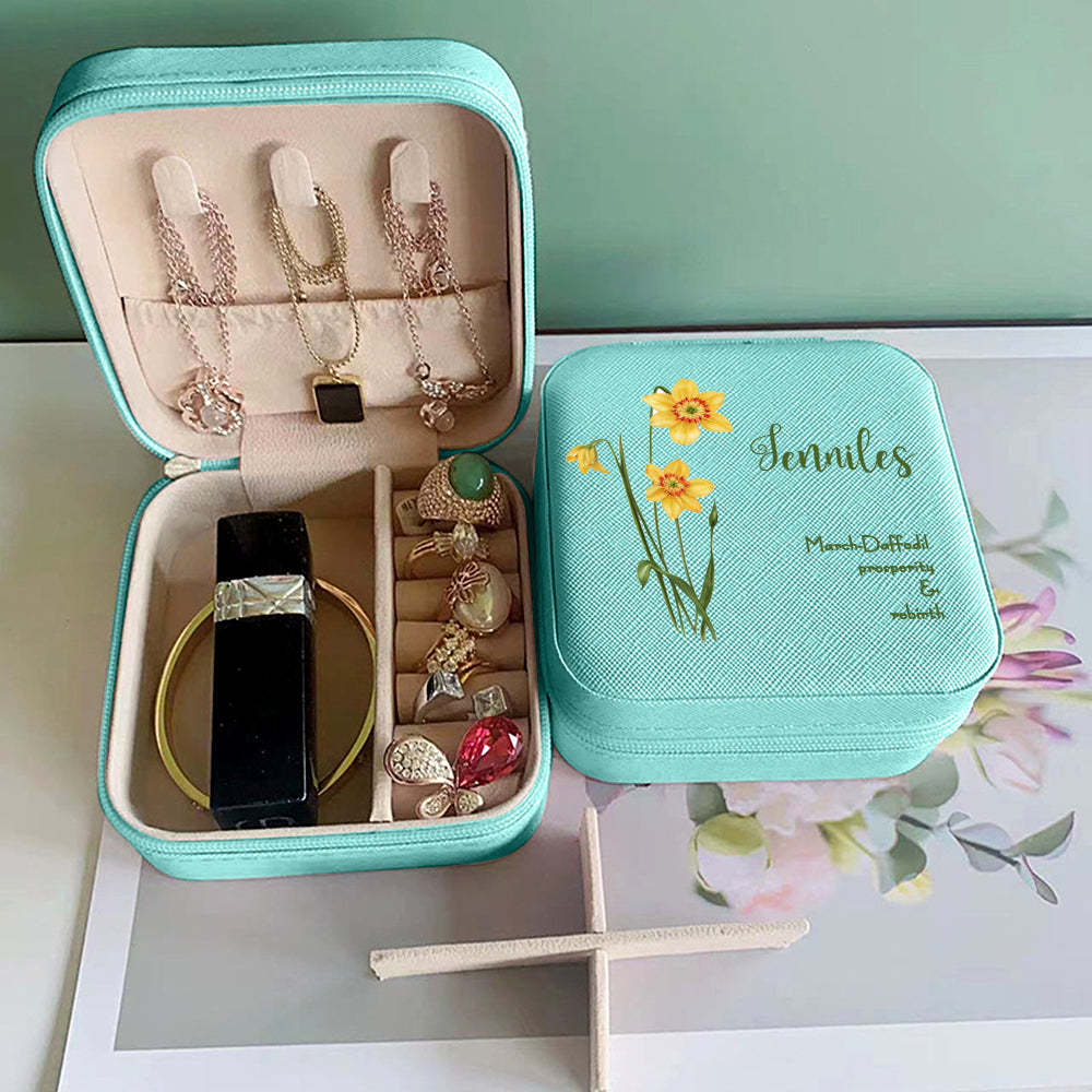 Personalized Birth Flower Leather Jewelry Box Bridesmaid Gift for Her - soufeelus