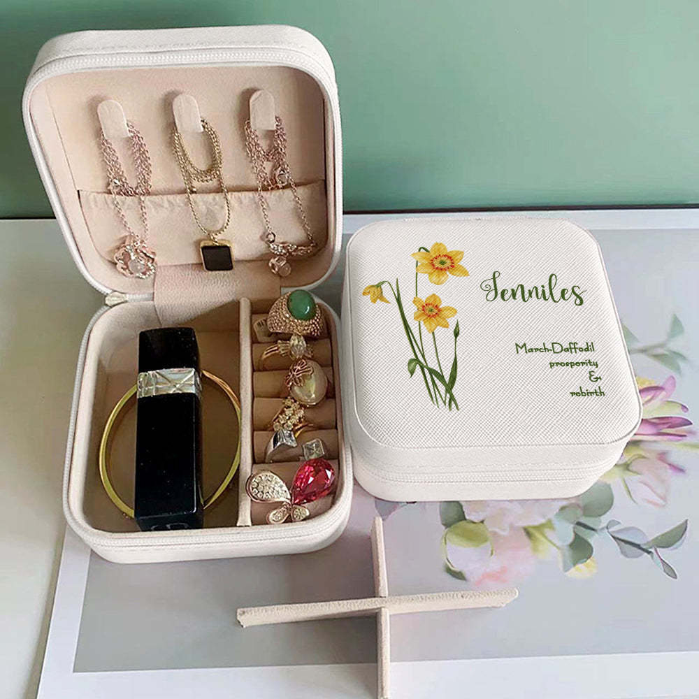 Personalized Birth Flower Leather Jewelry Box Bridesmaid Gift for Her - soufeelus