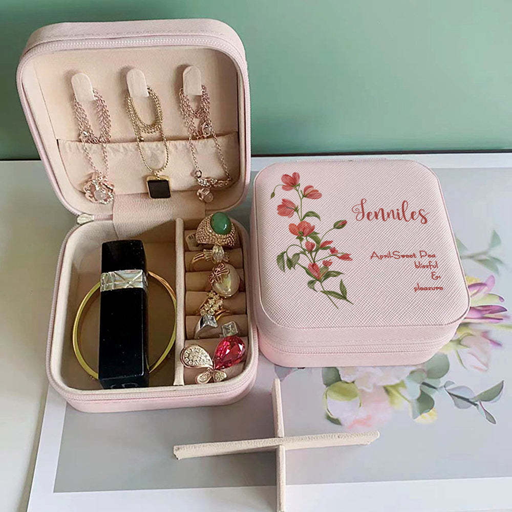 Personalized Birth Flower Leather Jewelry Box Bridesmaid Gift for Her - soufeelus