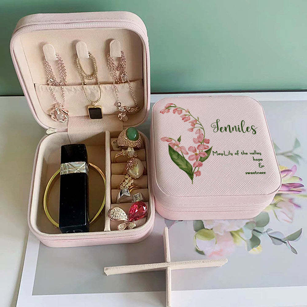Personalized Birth Flower Leather Jewelry Box Bridesmaid Gift for Her - soufeelus