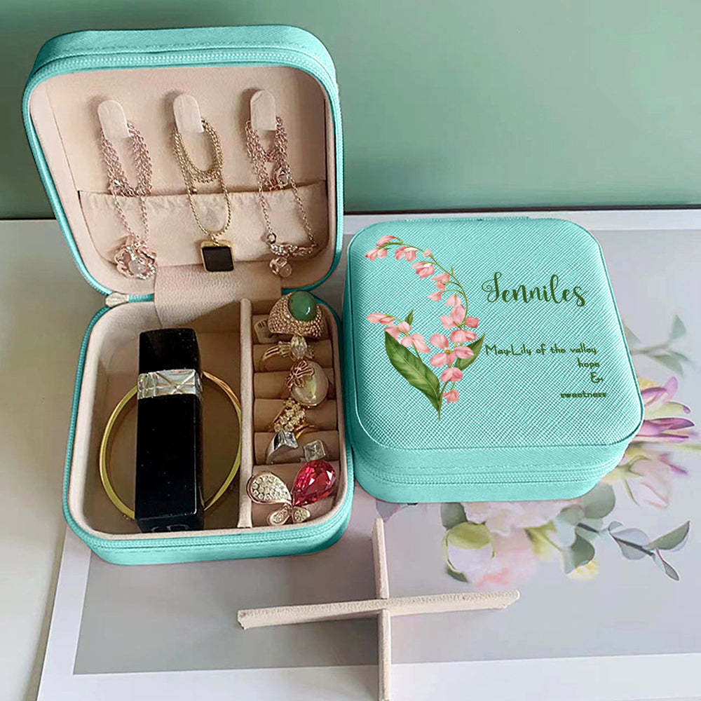 Personalized Birth Flower Leather Jewelry Box Bridesmaid Gift for Her - soufeelus