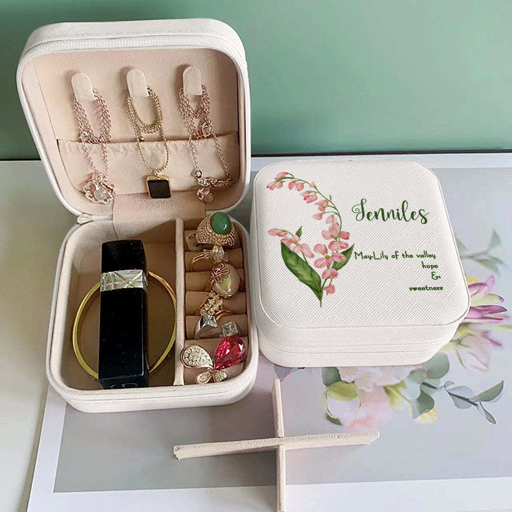 Personalized Birth Flower Leather Jewelry Box Bridesmaid Gift for Her - soufeelus