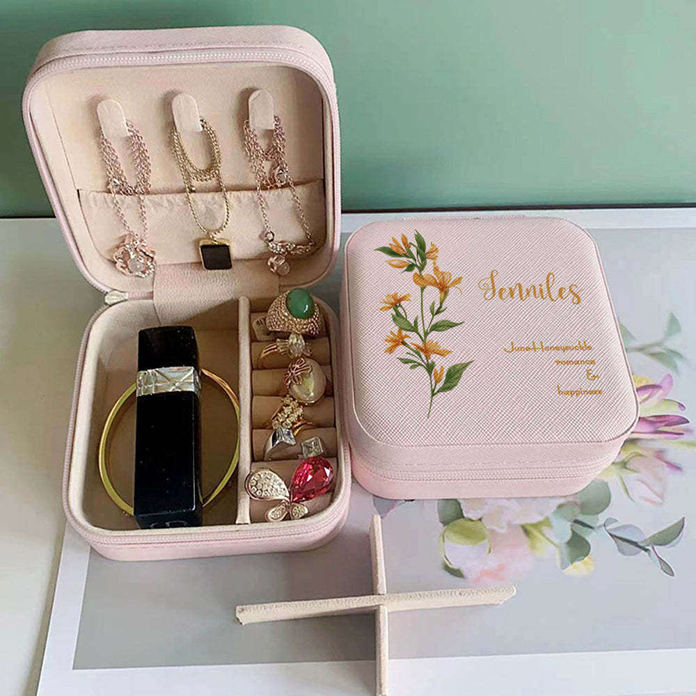 Personalized Birth Flower Leather Jewelry Box Bridesmaid Gift for Her - soufeelus