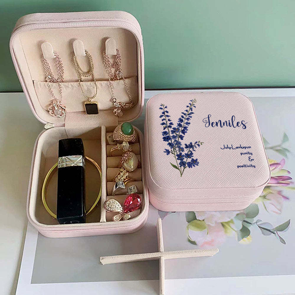 Personalized Birth Flower Leather Jewelry Box Bridesmaid Gift for Her - soufeelus