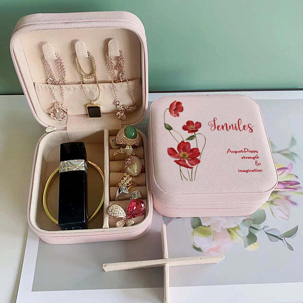 Personalized Birth Flower Leather Jewelry Box Bridesmaid Gift for Her - soufeelus