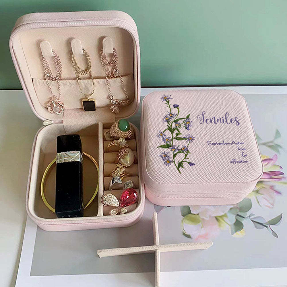 Personalized Birth Flower Leather Jewelry Box Bridesmaid Gift for Her - soufeelus