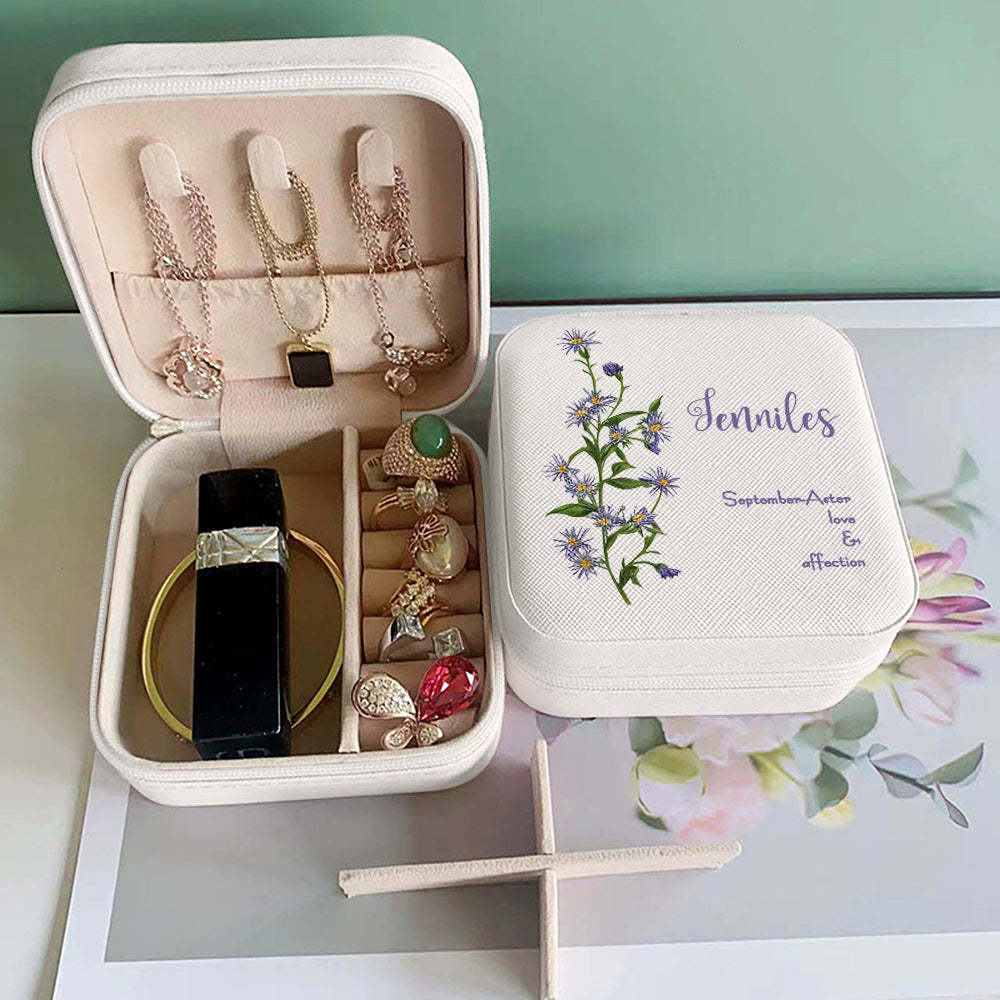 Personalized Birth Flower Leather Jewelry Box Bridesmaid Gift for Her - soufeelus