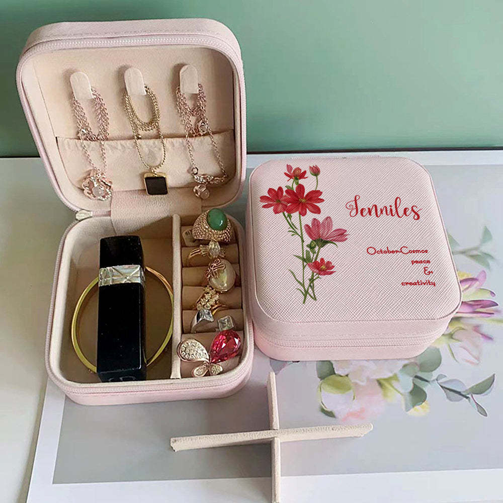 Personalized Birth Flower Leather Jewelry Box Bridesmaid Gift for Her - soufeelus