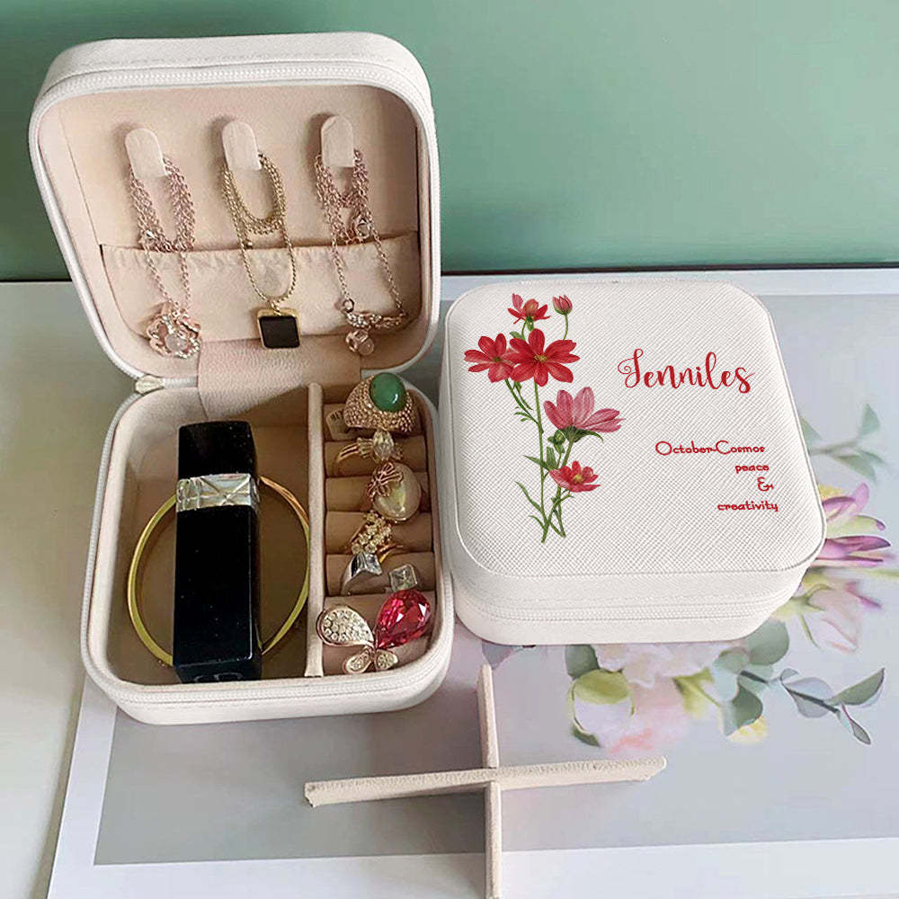Personalized Birth Flower Leather Jewelry Box Bridesmaid Gift for Her - soufeelus