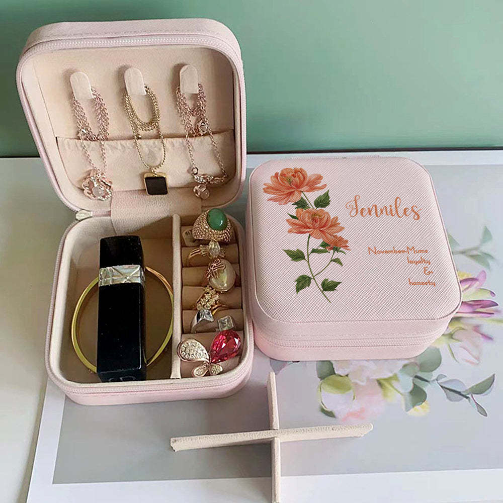 Personalized Birth Flower Leather Jewelry Box Bridesmaid Gift for Her - soufeelus