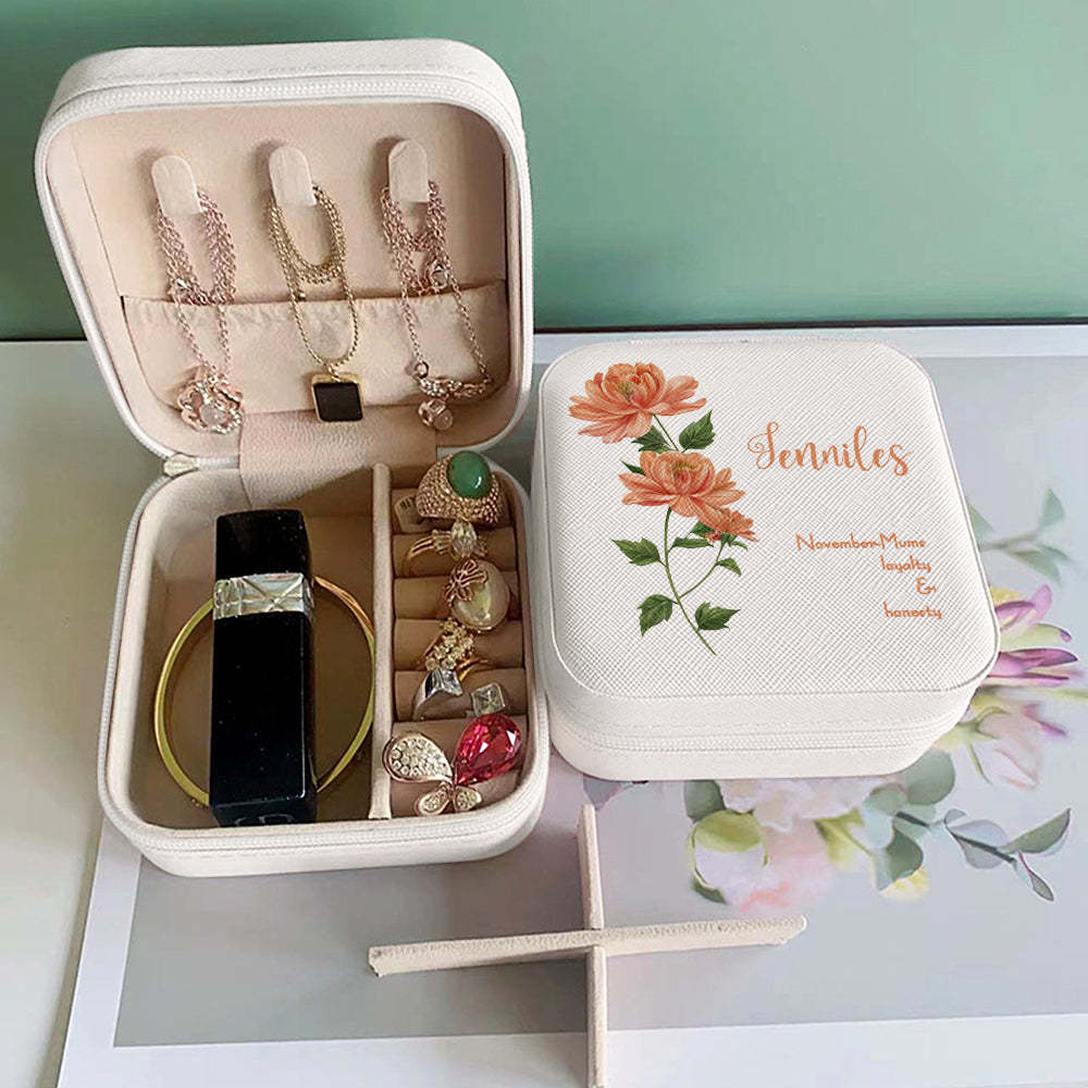 Personalized Birth Flower Leather Jewelry Box Bridesmaid Gift for Her - soufeelus