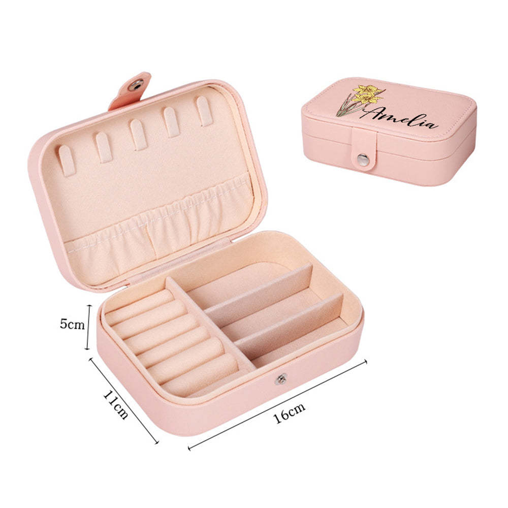 Personalized Birth Flower Leather Travel Jewelry Box with Name Waterproof Multiple Compartments Birthday Bridesmaid Gift for Women Girls - soufeelus