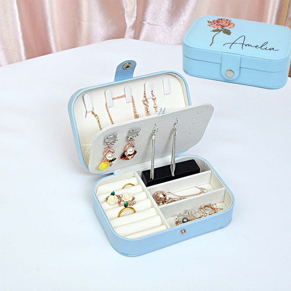 Personalized Birth Flower Leather Travel Jewelry Box with Name Waterproof Multiple Compartments Birthday Bridesmaid Gift for Women Girls - soufeelus
