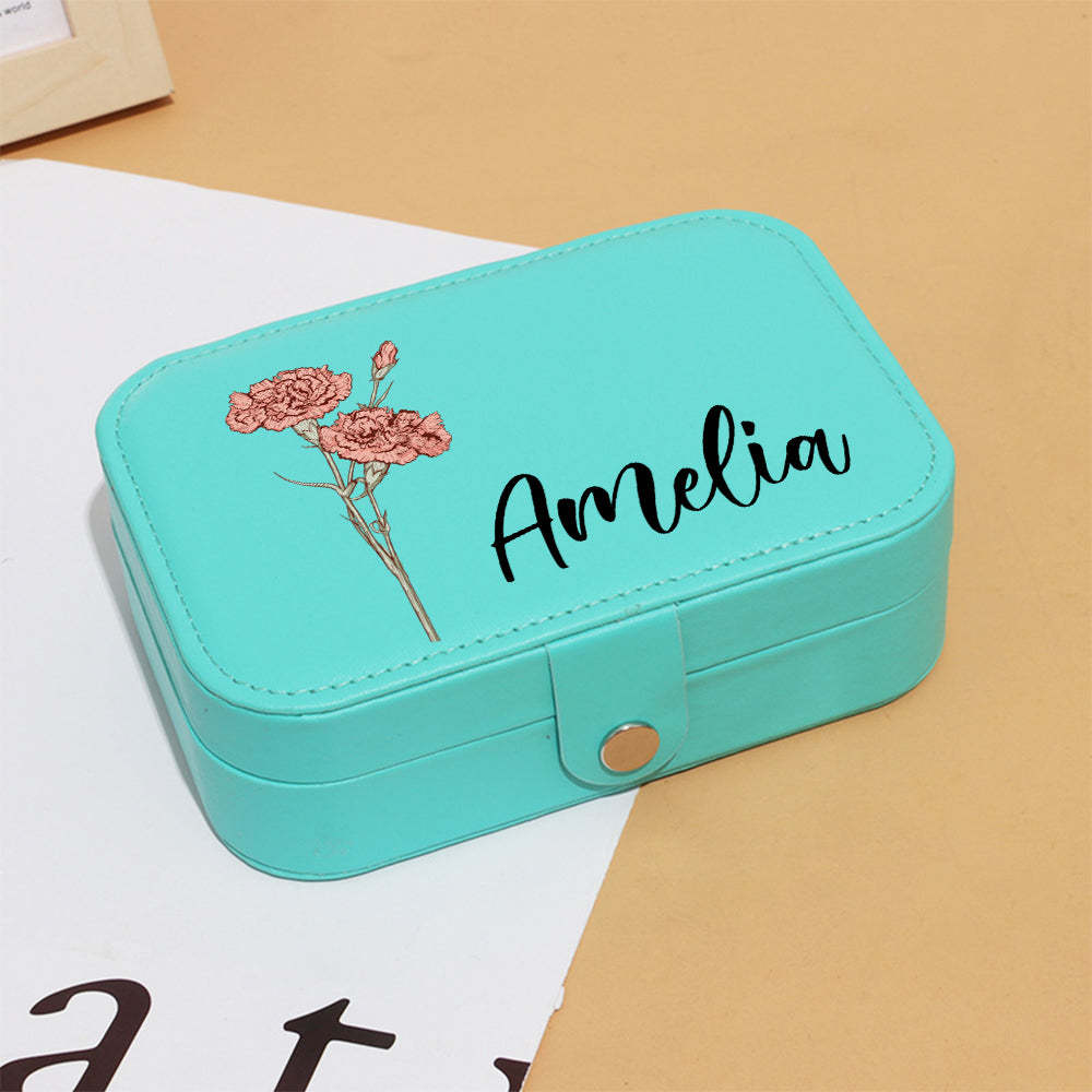 Personalized Birth Flower Leather Travel Jewelry Box with Name Waterproof Multiple Compartments Birthday Bridesmaid Gift for Women Girls - soufeelus