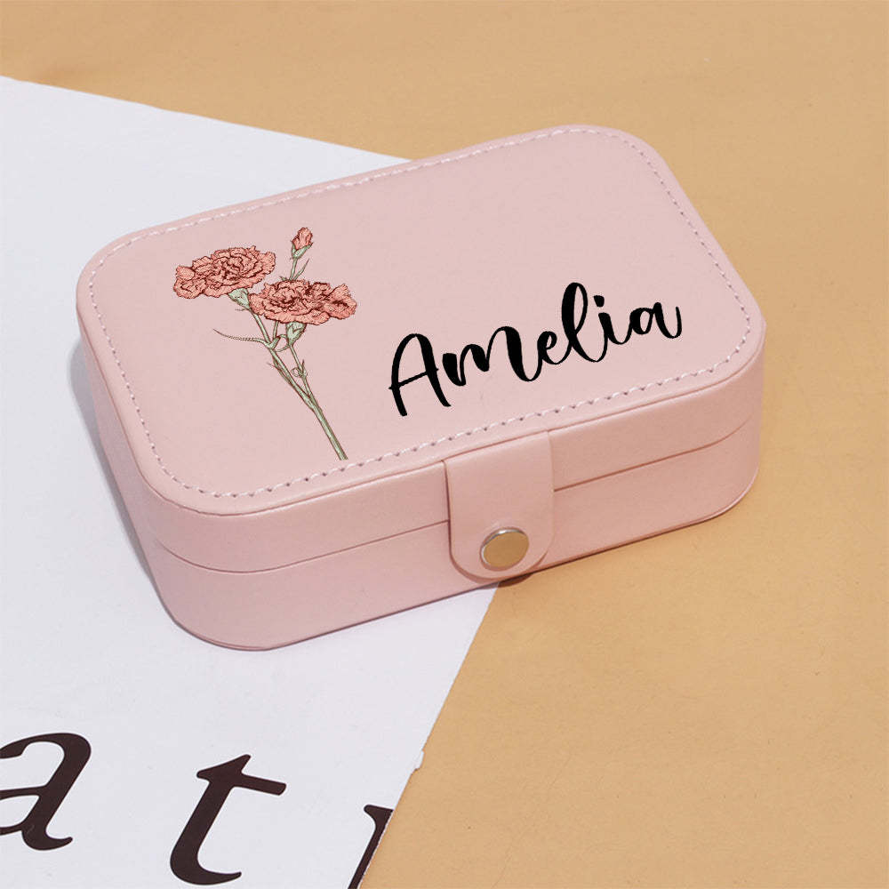 Personalized Birth Flower Leather Travel Jewelry Box with Name Waterproof Multiple Compartments Birthday Bridesmaid Gift for Women Girls - soufeelus