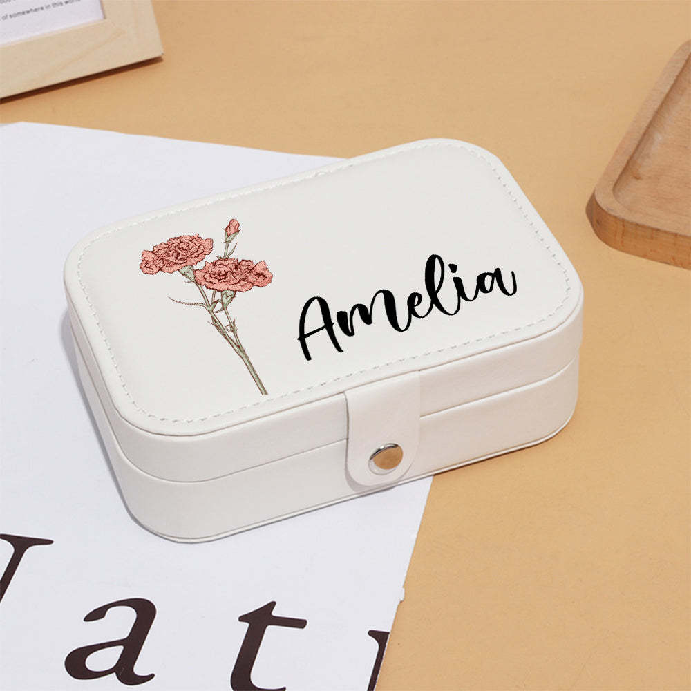 Personalized Birth Flower Leather Travel Jewelry Box with Name Waterproof Multiple Compartments Birthday Bridesmaid Gift for Women Girls - soufeelus