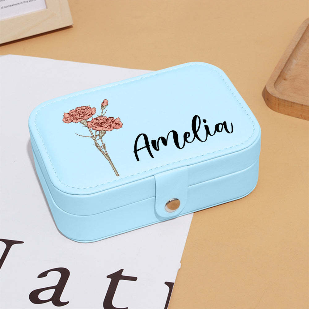 Personalized Birth Flower Leather Travel Jewelry Box with Name Waterproof Multiple Compartments Birthday Bridesmaid Gift for Women Girls - soufeelus