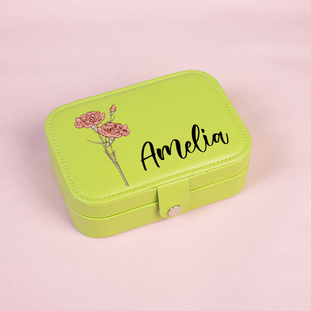 Personalized Birth Flower Leather Travel Jewelry Box with Name Waterproof Multiple Compartments Birthday Bridesmaid Gift for Women Girls - soufeelus
