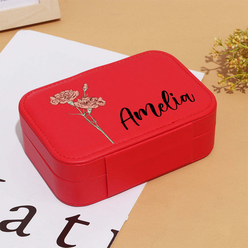 Personalized Birth Flower Leather Travel Jewelry Box with Name Waterproof Multiple Compartments Birthday Bridesmaid Gift for Women Girls - soufeelus