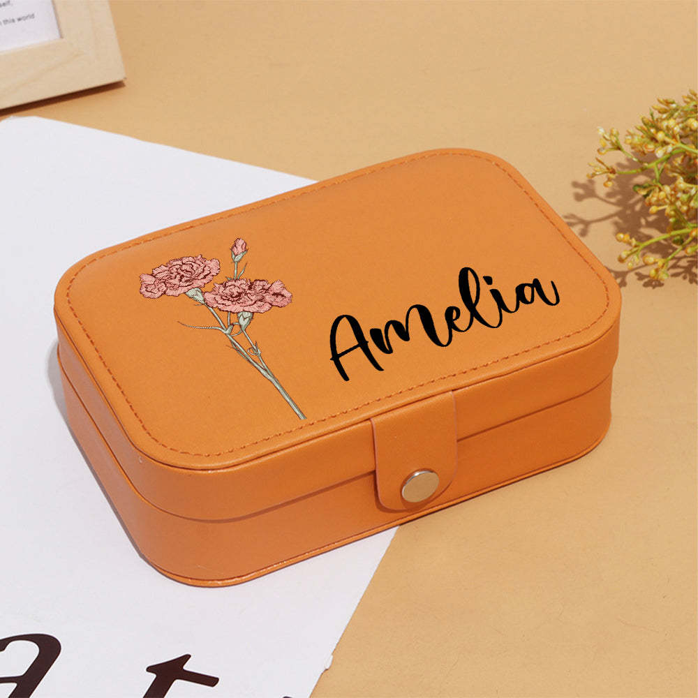 Personalized Birth Flower Leather Travel Jewelry Box with Name Waterproof Multiple Compartments Birthday Bridesmaid Gift for Women Girls - soufeelus