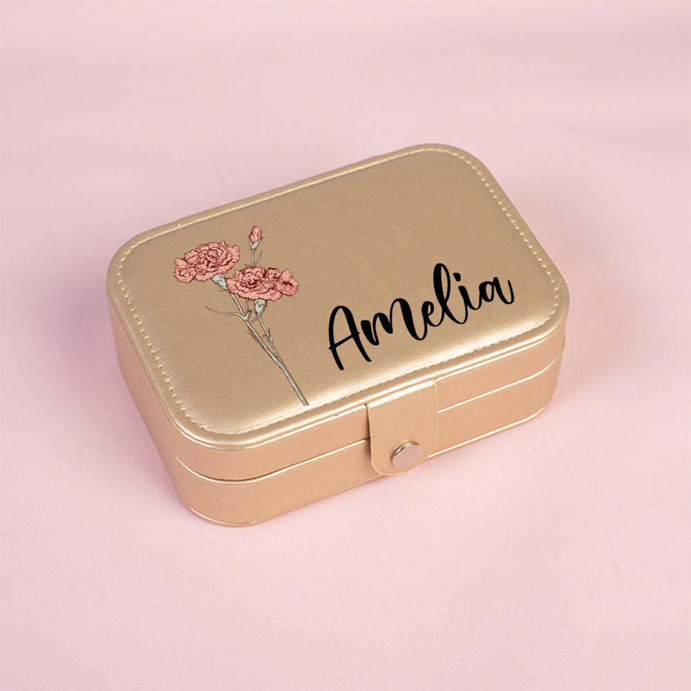 Personalized Birth Flower Leather Travel Jewelry Box with Name Waterproof Multiple Compartments Birthday Bridesmaid Gift for Women Girls - soufeelus