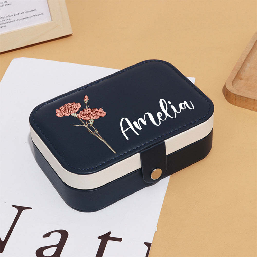 Personalized Birth Flower Leather Travel Jewelry Box with Name Waterproof Multiple Compartments Birthday Bridesmaid Gift for Women Girls - soufeelus