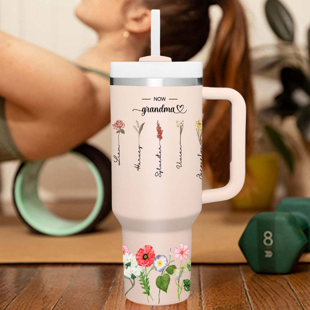 Personalized First Mom Now Grandma 40oz Tumbler with Straw Birthday Gift for Grandma - soufeelus