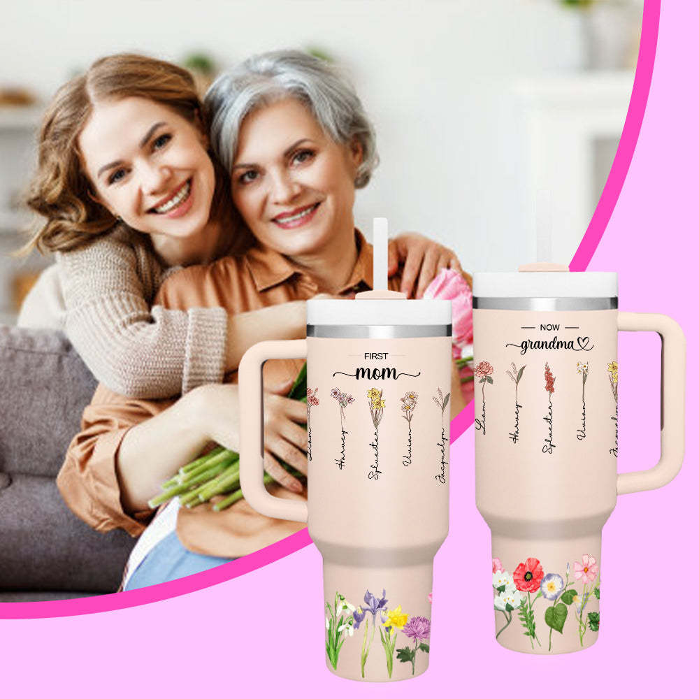 Personalized First Mom Now Grandma 40oz Tumbler with Straw Birthday Gift for Grandma - soufeelus