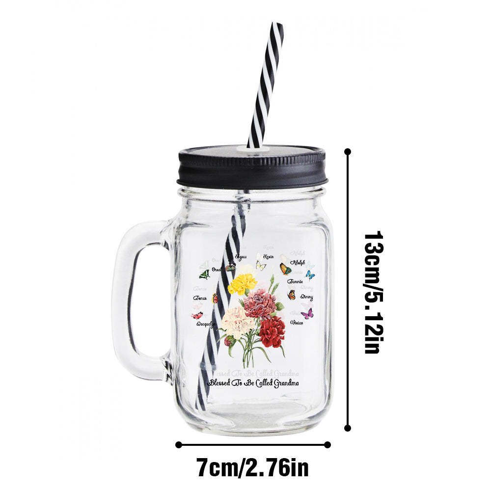 Personalized Birth Butterfly Bouquet Mason Jar with Handle Lid and Straw Birthday Gift for Mom Grandma - soufeelus