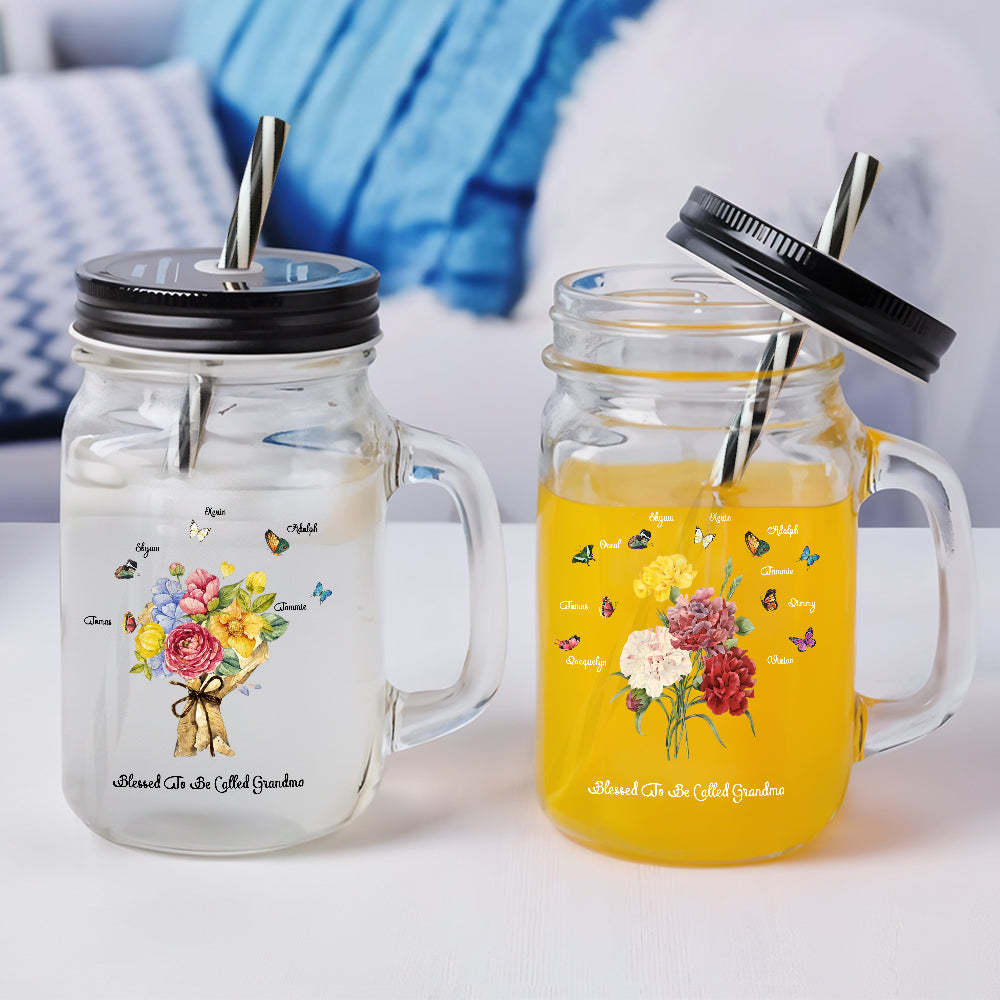 Personalized Birth Butterfly Bouquet Mason Jar with Handle Lid and Straw Birthday Gift for Mom Grandma - soufeelus