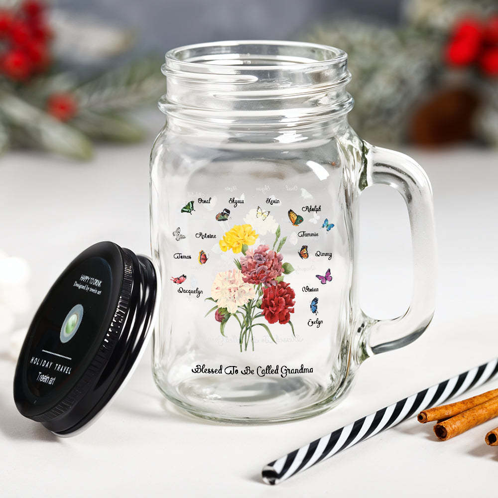 Personalized Birth Butterfly Bouquet Mason Jar with Handle Lid and Straw Birthday Gift for Mom Grandma - soufeelus