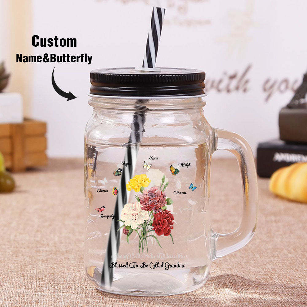 Personalized Birth Butterfly Bouquet Mason Jar with Handle Lid and Straw Birthday Gift for Mom Grandma - soufeelus